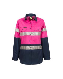 Ladies Lightweight Hi Vis L/S Vented Cotton Work Shirt With Reflective Tape - Night Use Only