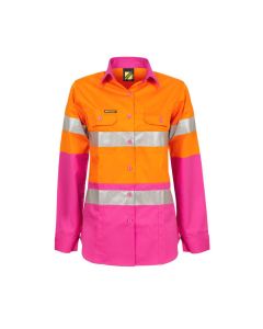 Ladies Lightweight Hi Vis L/S Vented Cotton Work Shirt With Reflective Tape