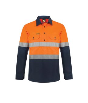 Heavy Duty Hi Vis Hybrid L/S Closed Front Cotton Work Shirt With Reflective Tape