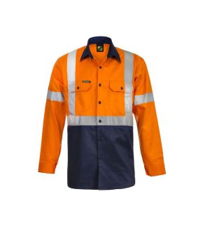 Hi Vis Long Sleeve Cotton Work Shirt With X Pattern Reflective Tape - NSW Rail Compliant