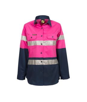 Ladies Lightweight Hi Vis L/S Vented Cotton Work Shirt With Reflective Tape - Night Use Only