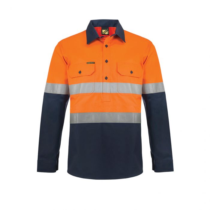 Heavy Duty Hi Vis Hybrid L/S Closed Front Cotton Work Shirt With Reflective Tape