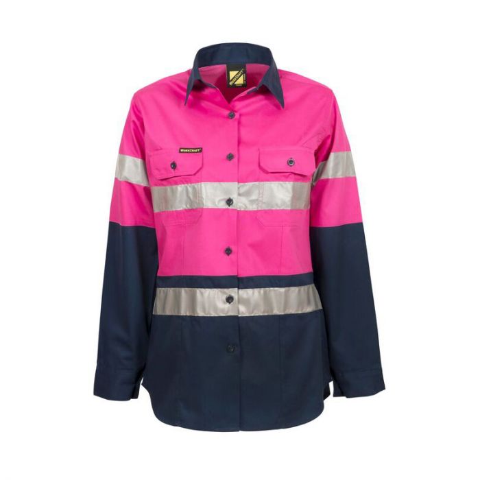 Ladies Lightweight Hi Vis L/S Vented Cotton Work Shirt With Reflective Tape - Night Use Only