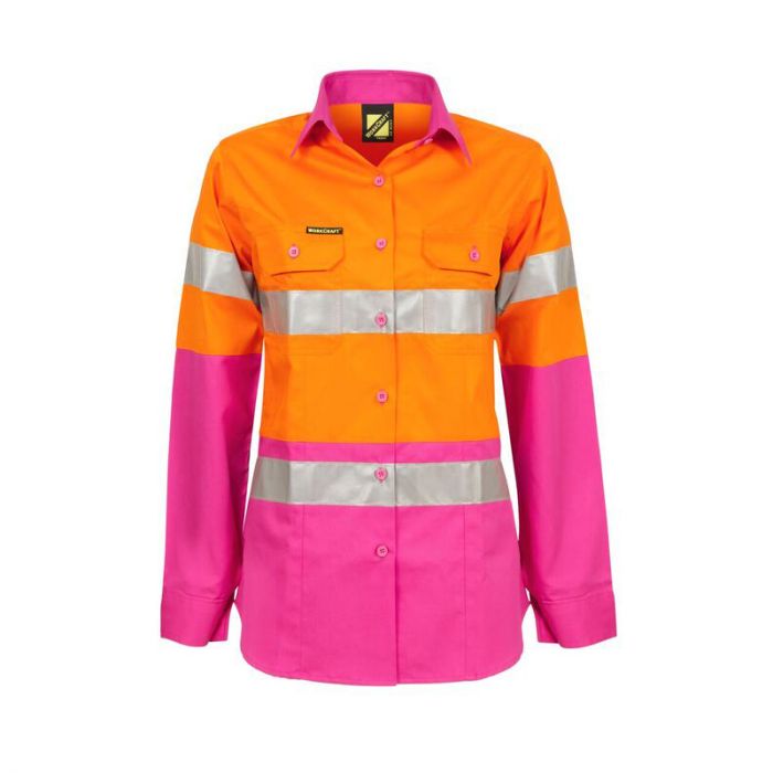 Ladies Lightweight Hi Vis L/S Vented Cotton Work Shirt With Reflective Tape