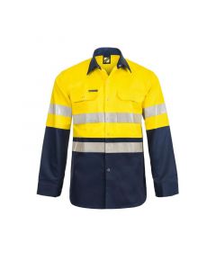 Hi Vis L/S Cotton Work Shirt With Industrial Laundry Tape And Press Studs