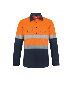Lightweight Hi Vis Two tone Half placket Vented Cotton Drill Shirt with Semi Gusset Sleeves and CSR Reflective Tape-Orange/Navy-XS