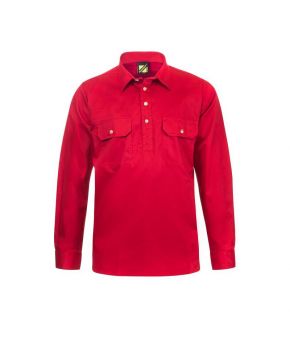 Lightweight Long Sleeve Half Placket Cotton Drill Shirt with Contrast Buttons- 19-9350921033610