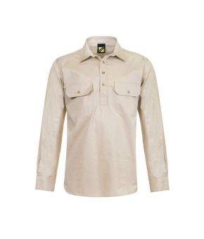 Lightweight Long Sleeve Half Placket Cotton Drill Shirt with Contrast Buttons- 29-9350921032231
