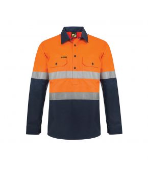 Hi Vis Two Tone Half Placket Cotton Drill Shirt with Semi Gusset Sleeves and CSR Reflective Tape-Orange/Navy-XS