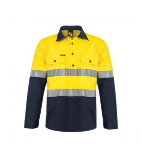 Hi Vis Two Tone Half Placket Cotton Drill Shirt with Semi Gusset Sleeves and CSR Reflective Tape-Yellow/Navy-XS