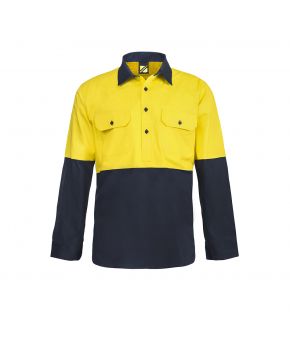 Lightweight Hi Vis Two Tone Half Placket Vented Cotton Drill Shirt with Semi Gusset Sleeves-Yellow/Navy-XS