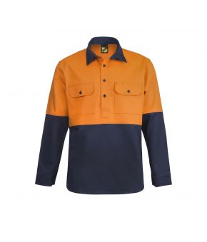 Heavy Duty Hybrid Two Tone Half placket Cotton Drill Shirt with Gusset Sleeves-Orange/Navy-XS