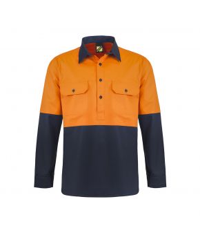Lightweight Hi Vis Two Tone Half Placket Vented Cotton Drill Shirt with Semi Gusset Sleeves-Orange/Navy-8XL