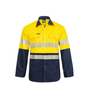 Hi Vis Two Tone Long Sleeve Cotton Drill Shirt with Industrial Laundry Reflective Tape and Press Studs-YN-XS