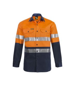 Hi Vis Two Tone Long Sleeve  Cotton Drill Shirt 
with Industrial Laundry Reflective Tape - 1-9350921031739