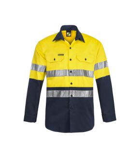 Hi Vis Two Tone Long Sleeve  Cotton Drill Shirt 
with Industrial Laundry Reflective Tape - 1-9350921031630