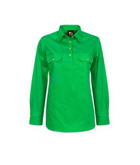 Ladies Lightweight Long Sleeve Half Placket Cotton Drill Shirt with Contrast Buttons- 19-9350921041790