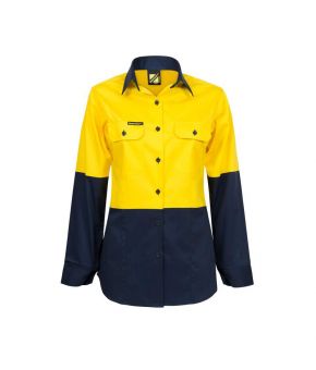 Ladies Lightweight Hi Vis Two Tone Long Sleeve Vented Cotton Drill Shirt - 9-9350921041394