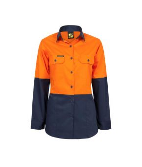 Ladies Lightweight Hi Vis Two Tone Long Sleeve Vented Cotton Drill Shirt - 19-9350921041295