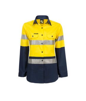 Ladies Lightweight Hi Vis Two Tone Long Sleeve Vented Cotton Drill Shirt with CSR Reflective Tape- 29-9350921040960