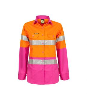 Ladies Lightweight Hi Vis L/S Vented Cotton Work Shirt With Reflective Tape