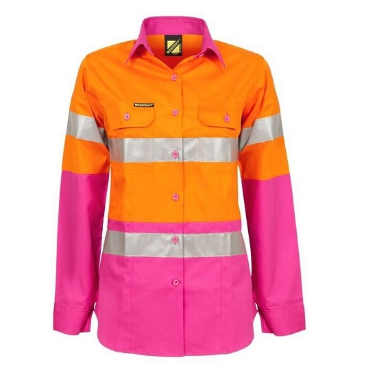 Ladies Lightweight HI VIS L/S Vented Cotton Work Shirt With Reflective Tape
